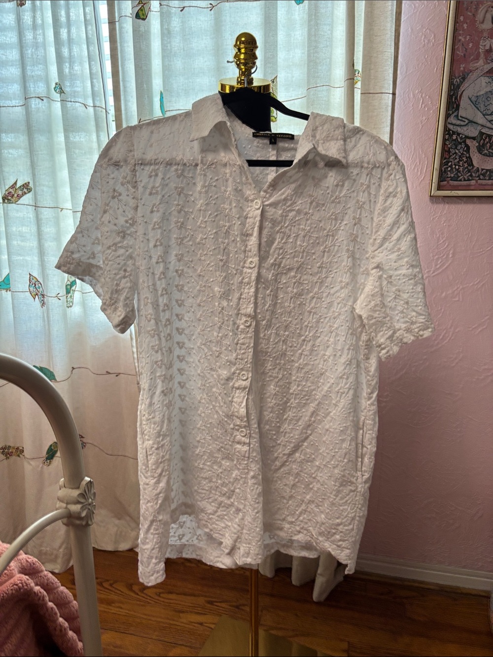 Textured White Short-Sleeve Button-Front Jumpsuit